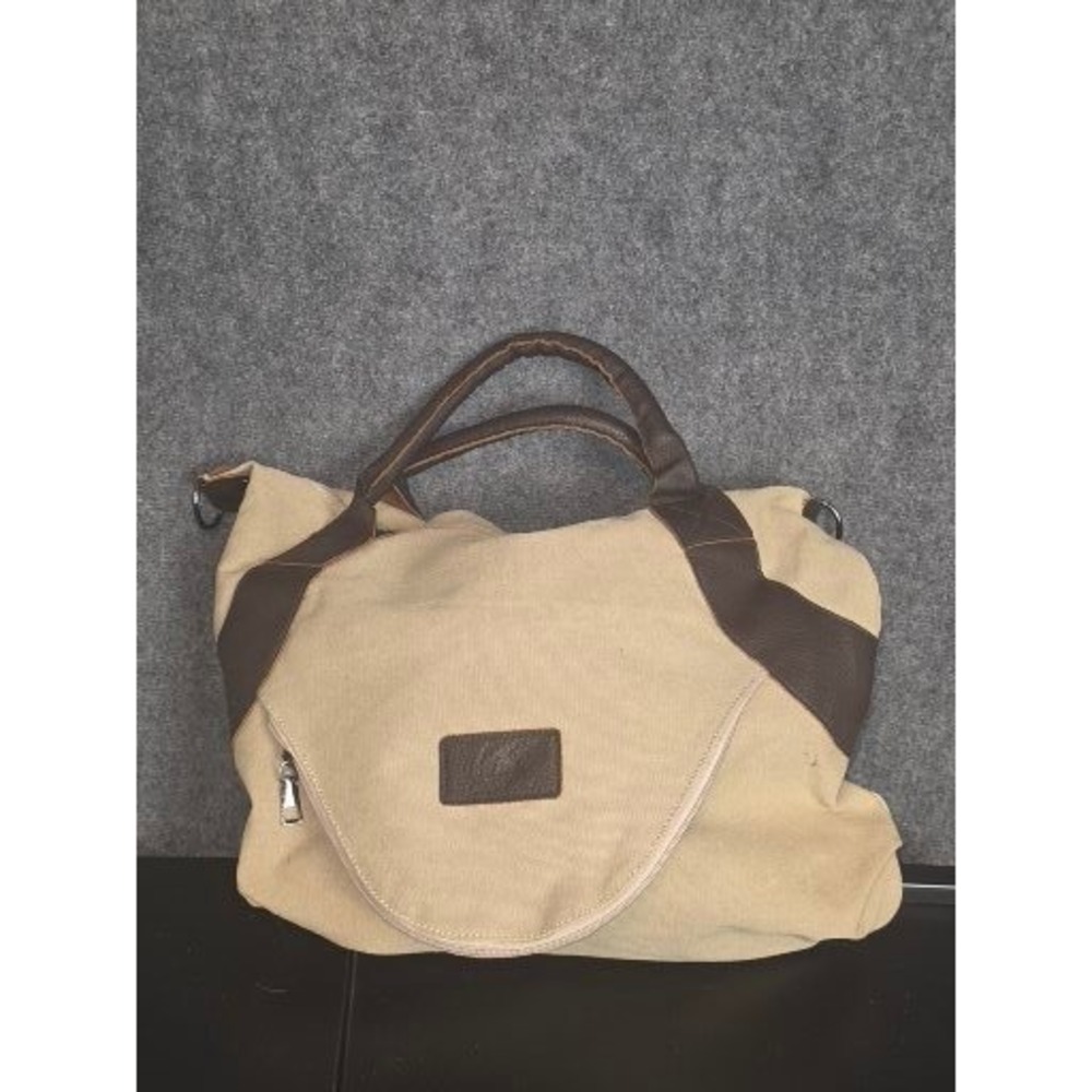 VTG Beige Canvas and Brown Faux Leather Hobo Tote‎ Bag with Multiple Pockets